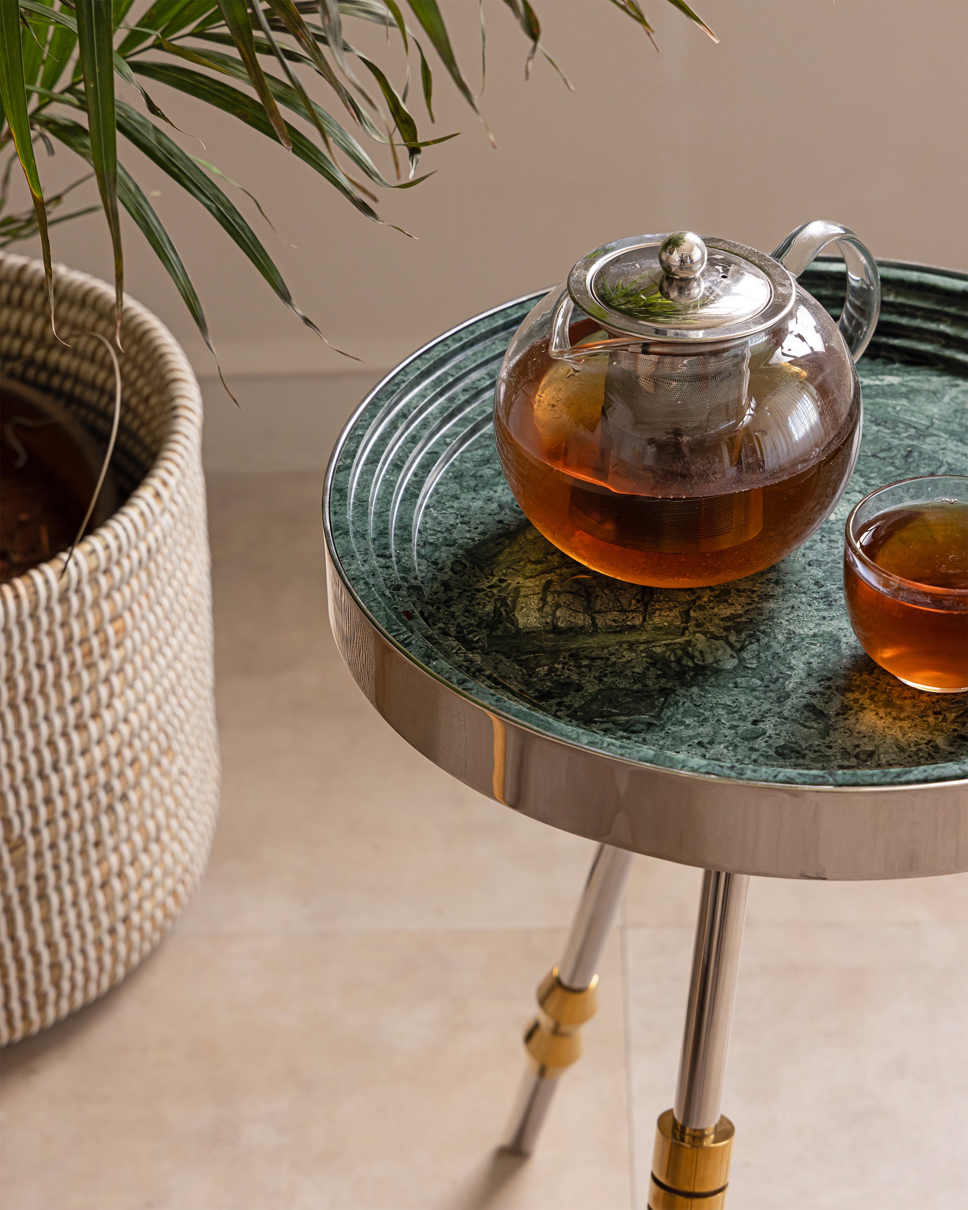 Brass Gold PVD Stainless Steel Leg Detail with tea cup and pot