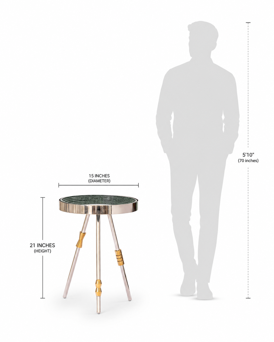 Sputnik accent table dimensions showing 15-inch diameter, 21-inch height, stainless steel frame with brass PVD accents, green marble top, and human silhouette for size reference.