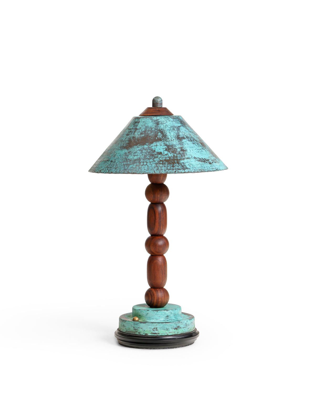 Totem II table lamp front view, turned rosewood stem and turquoise patina brass shade