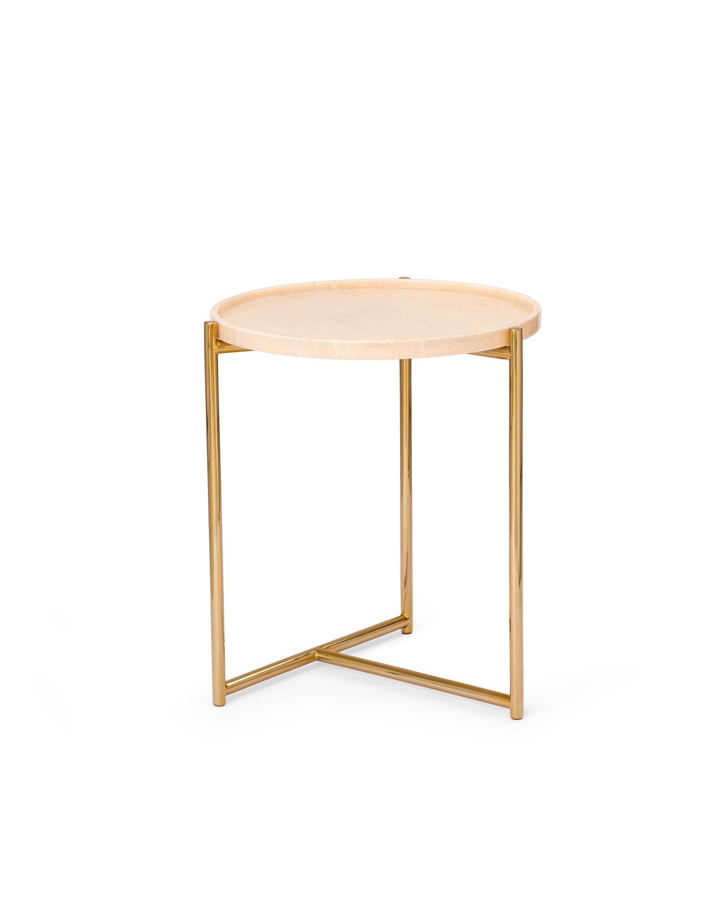 Tri Metal side table with a round pink marble tray top on a slim polished metal tripod base
