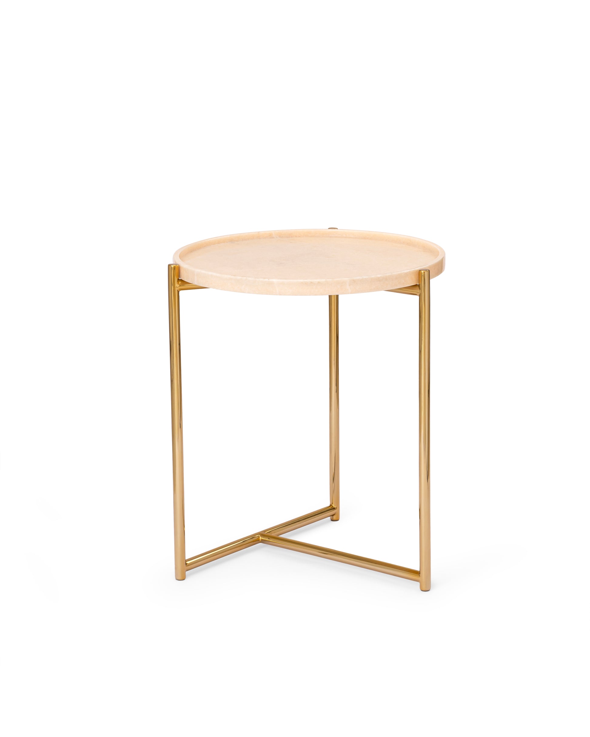Tri Metal side table with a round pink marble tray top on a slim polished metal tripod base
