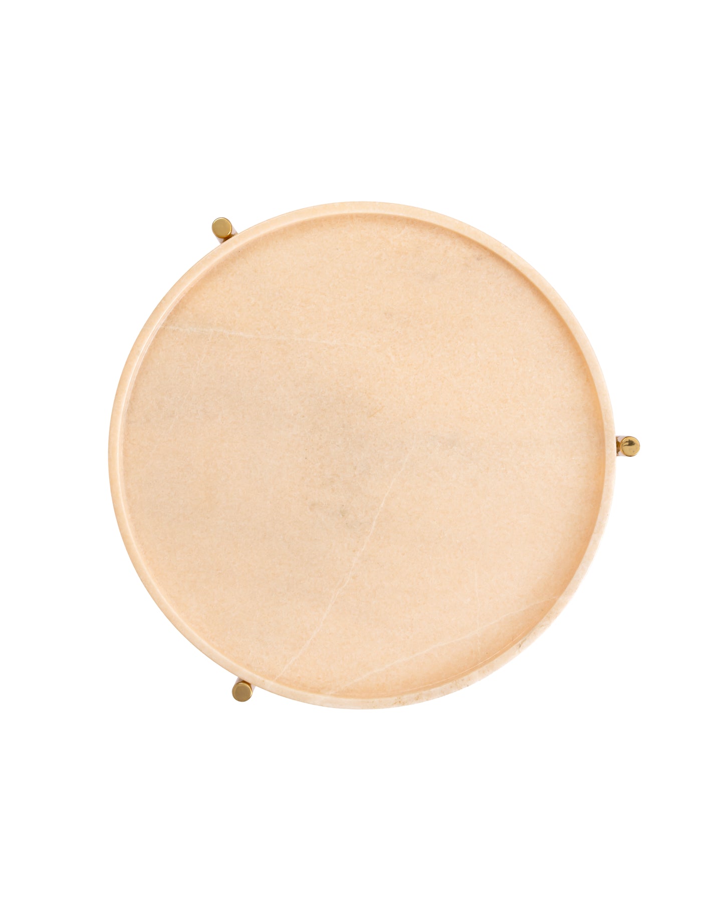 Top-down view of the Tri Metal side table's pink marble tray top with natural veining, resting on a metal frame