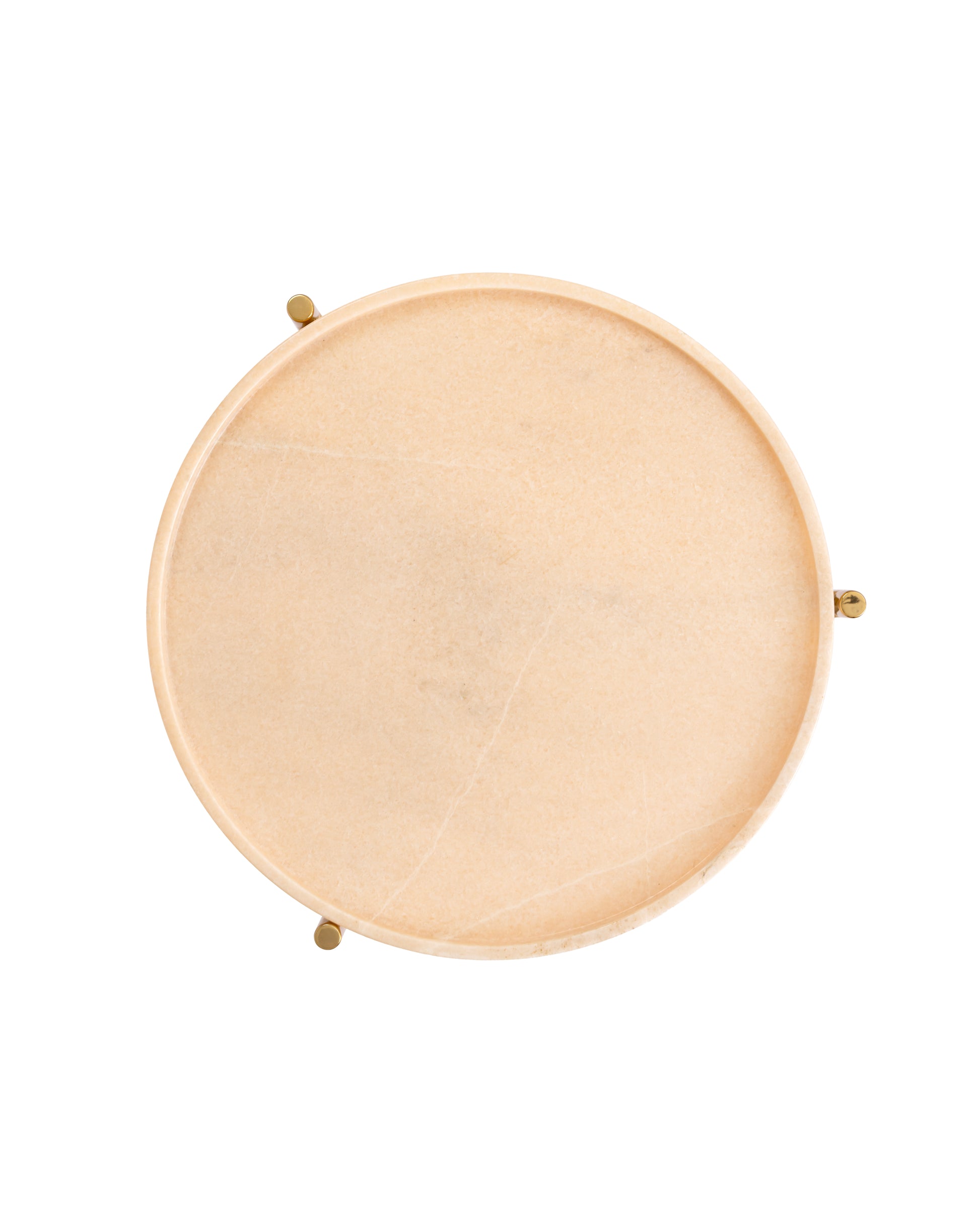 Top-down view of the Tri Metal side table's pink marble tray top with natural veining, resting on a metal frame