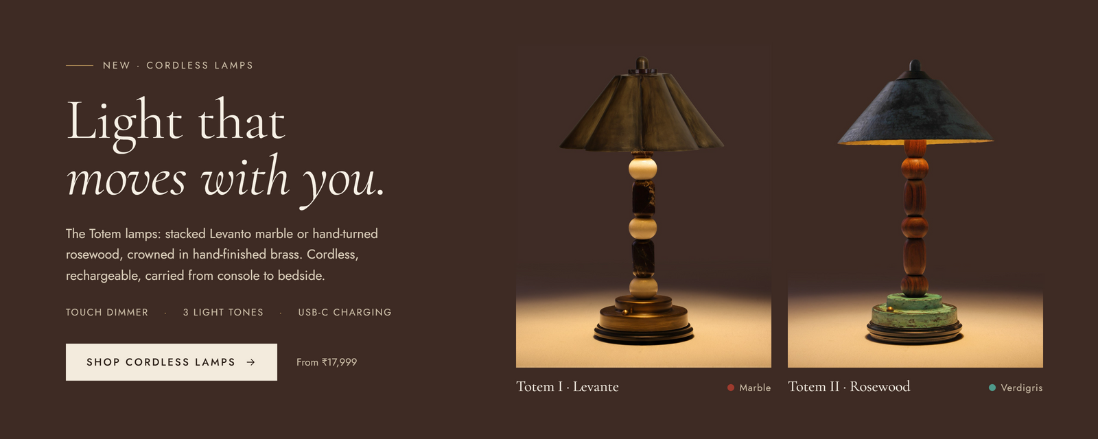 Totem I Levante and Totem II Rosewood cordless rechargeable table lamps in marble, rosewood and brass, lit, by Studio Saswata